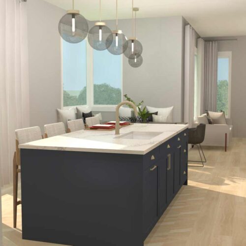 plan 3D d'armoires de cuisine blanches avec ilot marine