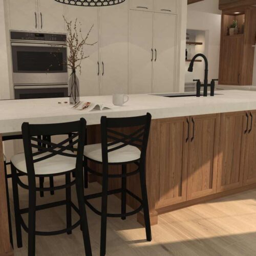 plan 3D d'armoires de cuisine blanc et bois