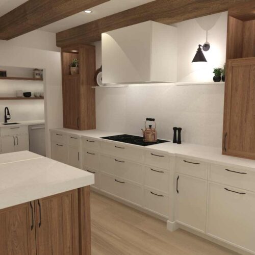 plan 3D d'armoires de cuisine blanc et bois