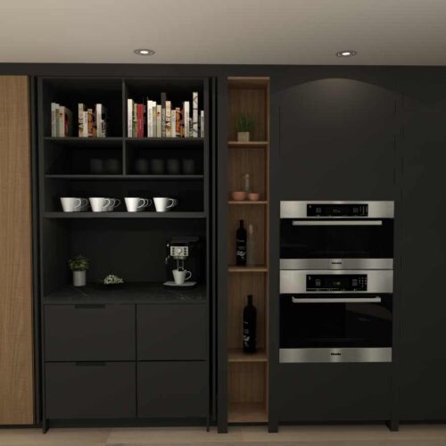 plan 3D d'armoires de cuisine noir et bois