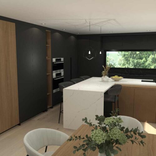 plan 3D d'armoires de cuisine noir et bois
