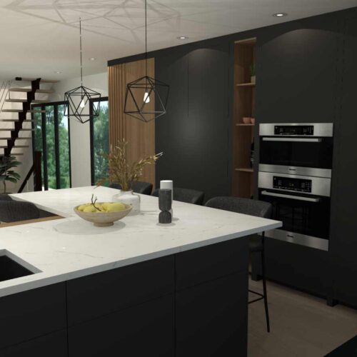 plan 3D d'armoires de cuisine noir et bois